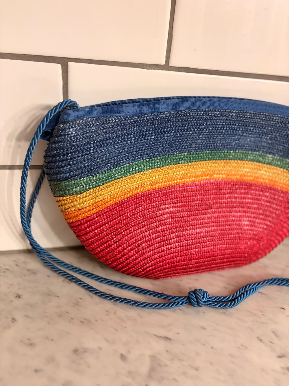Vintage 80s Liz Claiborne Rainbow Woven Straw Crossbody Shoulder Bag